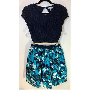 Blue Crop Top Blouse and Skirt Set